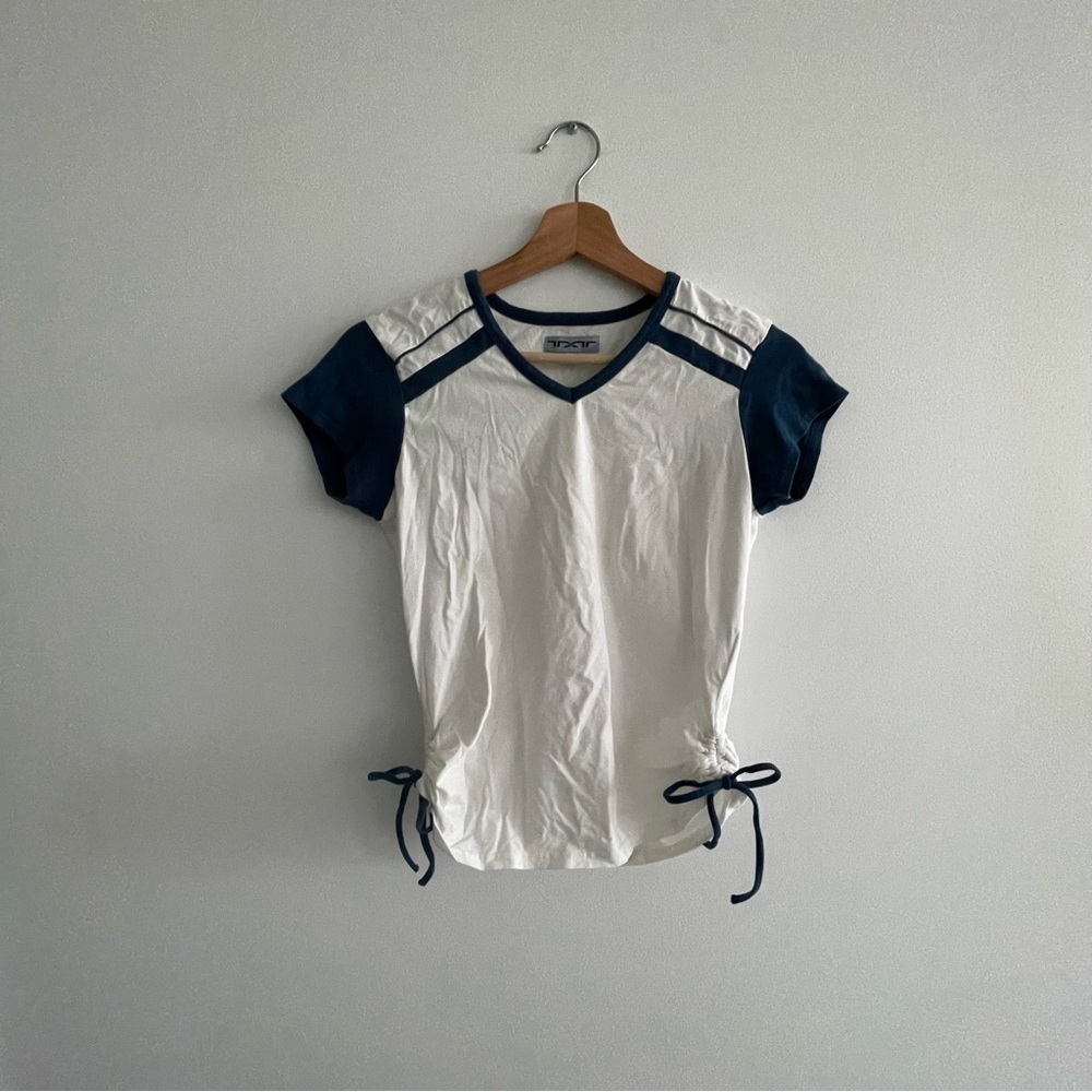Blue and White Short Sleeve Top, Jersey Sporty Baby Tee Style, Size Small